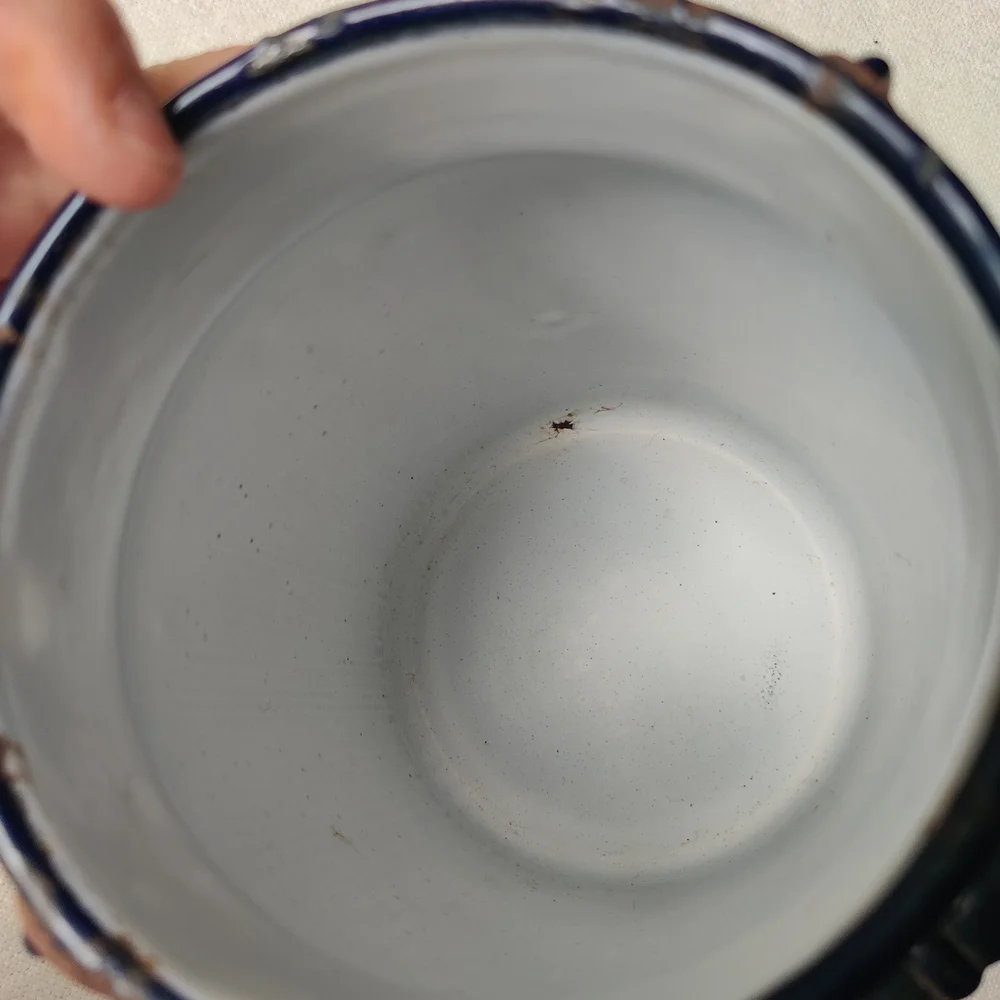 Vintage Antique White Enamelware Milk Canister Lid Wood Bail Handle 9